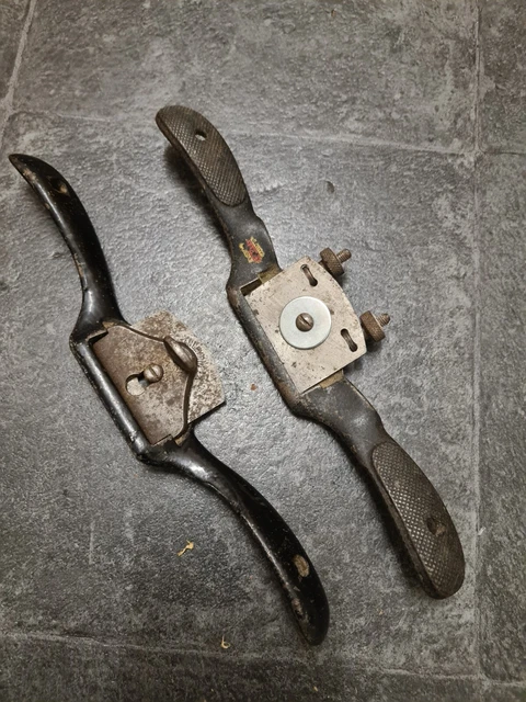 2 Vintage Woodworking Spokeshaves Curved And Flat Soled Stanley, Rule & Level