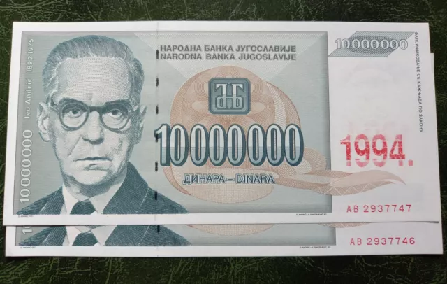 JUGOSLAWIEN 10 Millionen Dinara (Ivo Andrić) 1994, 2 Stk