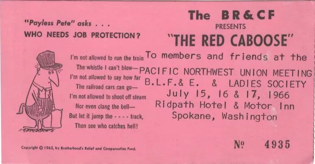 Vintage 1965 PACIFIC NORTHWEST RAILROAD UNION Meeting Card Spokane, WA BR&CF E1