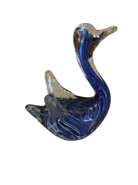 Vintage Hand Blown Art Glass Swan Bird Blue/Clear Figurine Paperweight Head Up