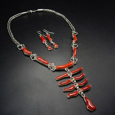 Zuni SMOKEY GCHACHU Sterling Silver RED MED CORAL NECKLACE and EARRINGS Set