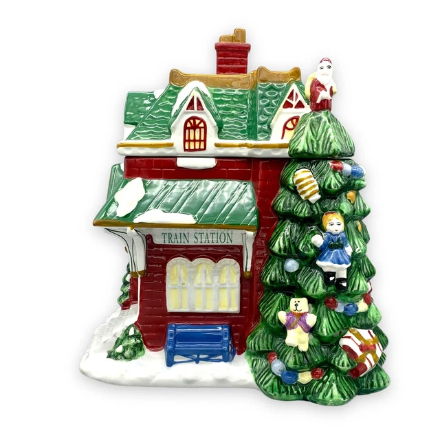 SPODE CHRISTMAS TREE Village TRAIN STATION Large Cookie Jar 2002 £18.19