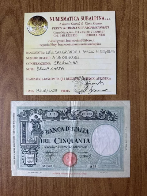 Kingdom D’ Italy Livres 50 Large L Beam 31 3 1943 Certified Spl