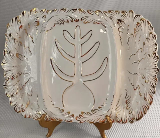 Vintage Italian Ceramic White 22 Karat Gold Accents 3 section Serving Platter