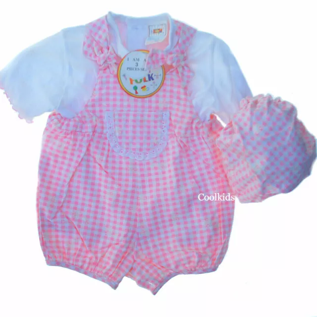 Baby Girls Dungarees Checked 3 Piece Short Set, & Hat to match  6 - 23 Months