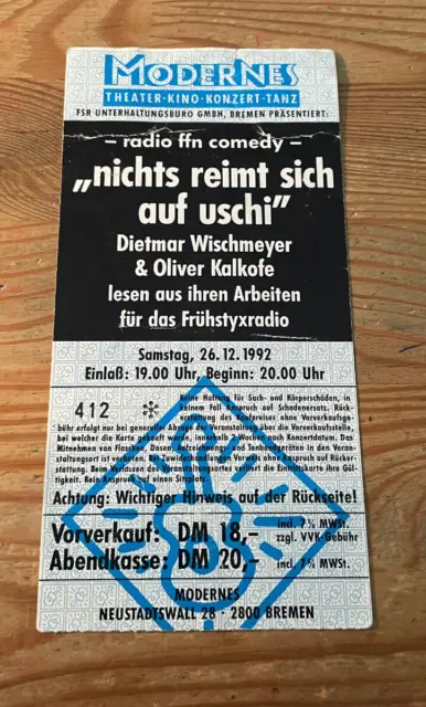 FAN Ticket Frühstyxradio - nichts reimt sich 1992 Bremen MODERNES unvollständig