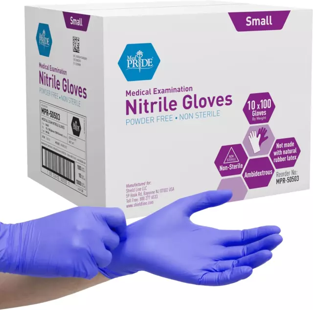Medpride Powder-Free Nitrile Exam Gloves, Small, (100 Count (Pack of 10))