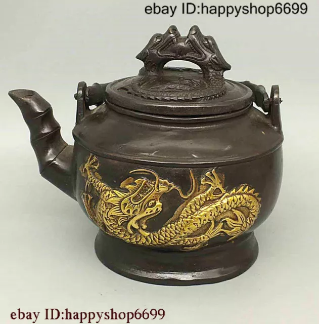 China Buddhism Bronze Gilt Double dragon teapot Statue 0116