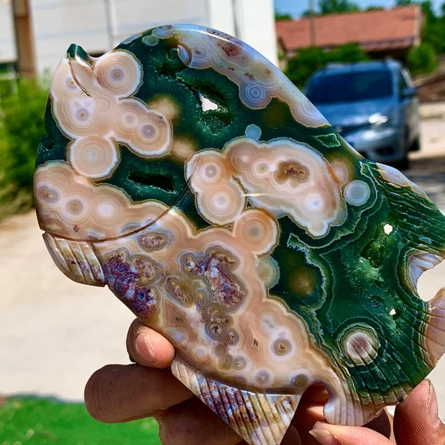 247G  Amazing Natural Ocean Jasper Crystal Carved Fish Jasper Halo Stone