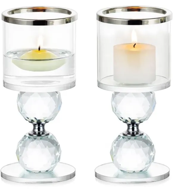 Candle Holder Crystal Tea-light 2 Mirrored Balls Silver Table Centrepiece Decor