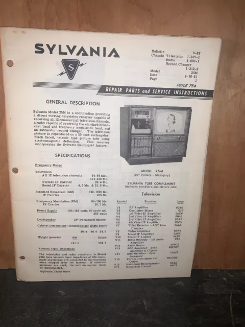 Sylvania Model 25M Television & Record Player Service Data,parts List,etc.