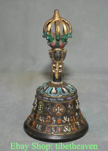 7.2" Old Tibet Bronze Painting Buddhism Buddha Scripture Head bell Zhong Statue