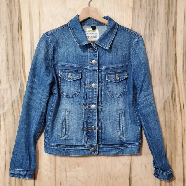 JCrew Womens Small Washed Blue Denim Stretch Button Up Jean Jacket Multi Pocket