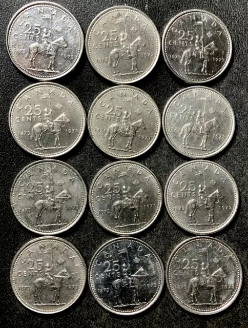 Old Canada Coin Lot - 1973 MOUNTIE QUARTERS - 12 Nice Coins- Lot #J7