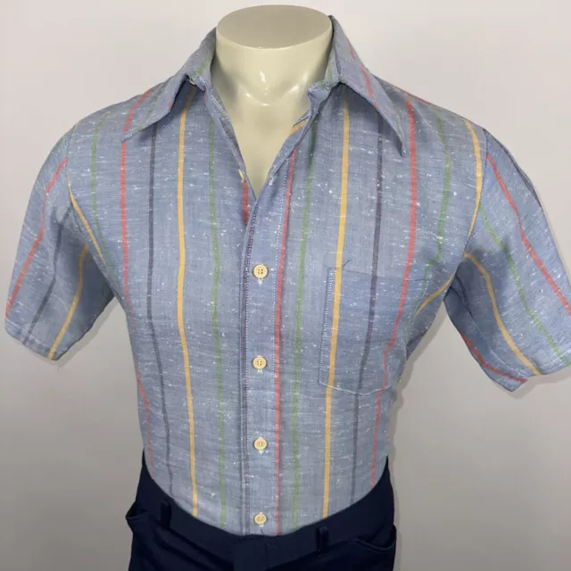 Towncraft Shirt Men Medium JCPenney Disco Big Collar Chambray Oxford Vtg 60s 70s