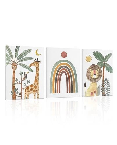 Nursery Wall Art: Safari Animal Prints for Kids' Room, 12"x16"x3 Boho Animal