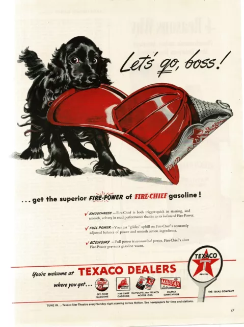 1946 Texaco Fire Chief Gas Gasoline Red Fireman Helmet black lab puppy dog Ad