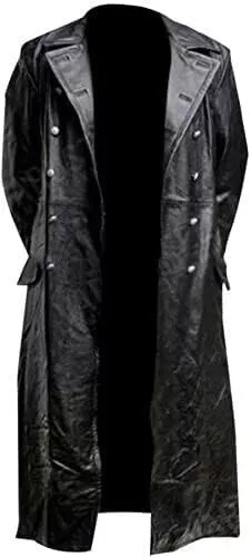 Mens Real Black Leather Trench Coat German Classic Officer Military Uniform