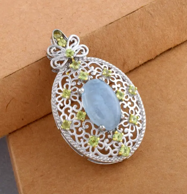 925 Sterling Silver Aquamarine Pendant Necklace Peridot Stone Filigree Jewelry