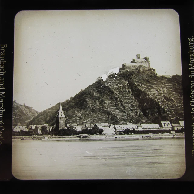 Glass Magic lantern slide BRAUBACH & MARXBURG CASTLE  C1910 GERMANY RHINE