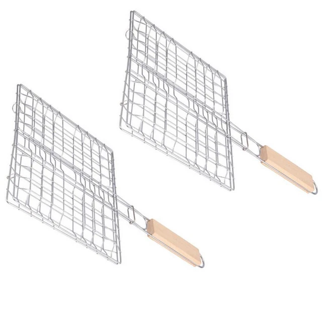 2PCS Edelstahl-Grillnetz Praktischer quadratischer faltbarer Grill mit Holzgriff