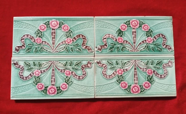 4 Piece Art Deco Small Floral Design Majolica Ceramic Tiles Japan 0297 3
