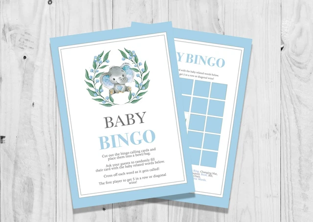 BABY SHOWER GAME Bingo 20 Sheet/Player, Blue Elephant, Blue, Baby Boy ...