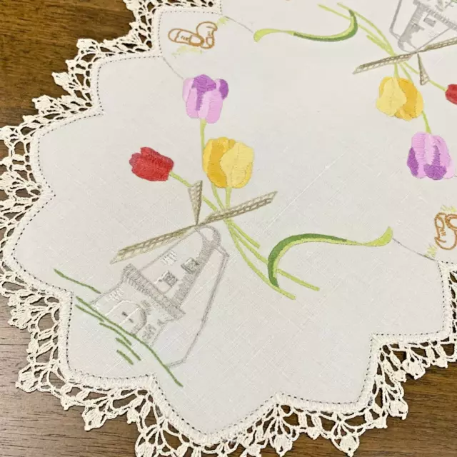 TULIPS & WINDMILLS -Hand Embroidered Cream Linen Oval DOILY 45x31cm Crochet Edge