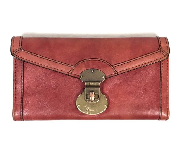 FOSSIL Turn Lock Red Leather Wallet Clutch Long Live Vintage Reissue Revival