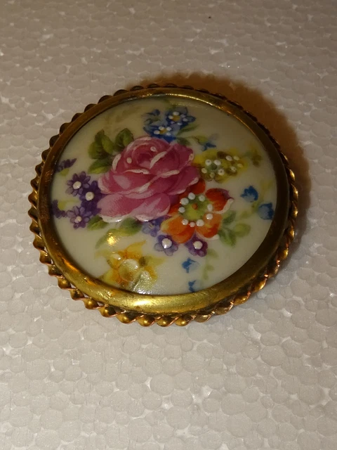 Broche Ancienne Porcelaine épaisse Laiton Fleurs émaillées - Bijou Vintage Occasion Bon état