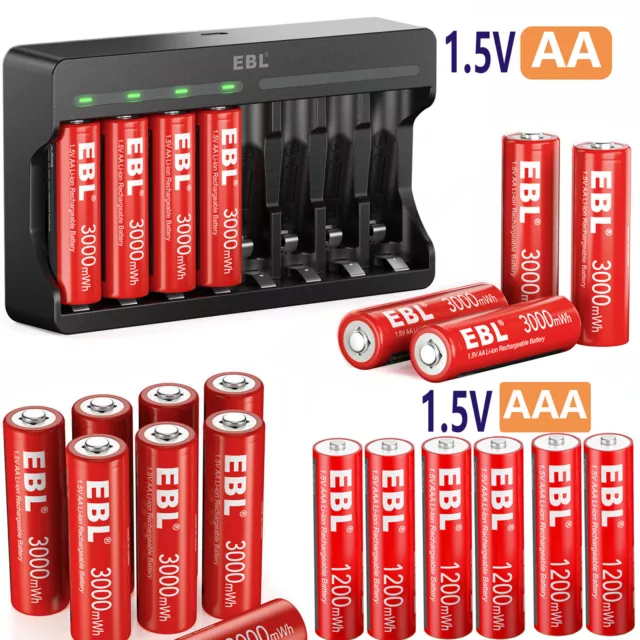EBL 1,5V wiederaufladbare AA AAA Lithium Li Ionen Batterien /Akkus ladegerät DE