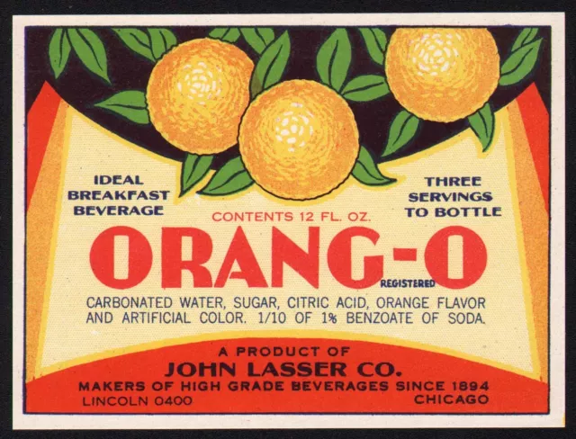 Vintage soda pop bottle label ORANG-O oranges pictured John Lasser Chicago nrmt+