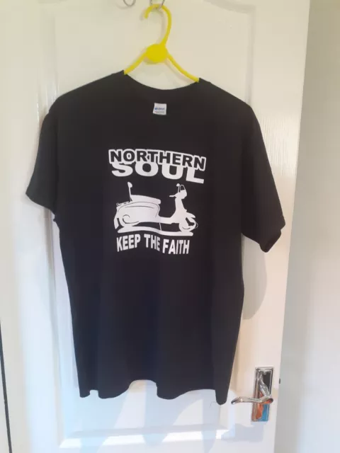 Northern Soul Keep The Faith Scooter Moped. Black T Shirt.Size L. Gildan Label.