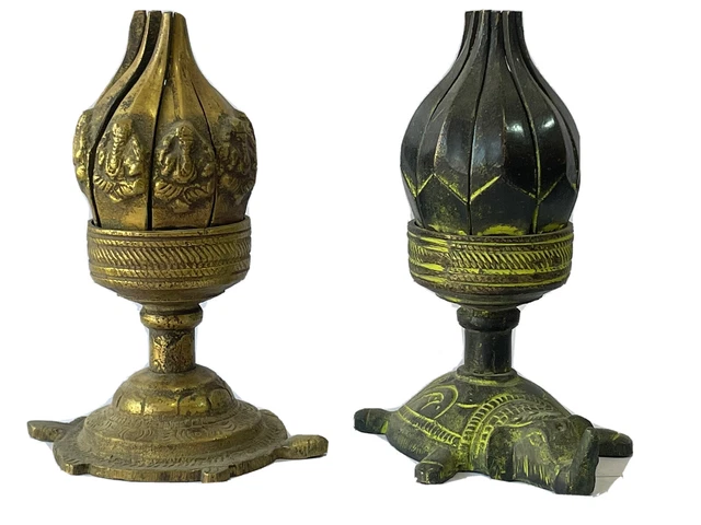 LORD GANESHA CARVED  CANDLE STAND Solid Brass Metal Lot Of Two