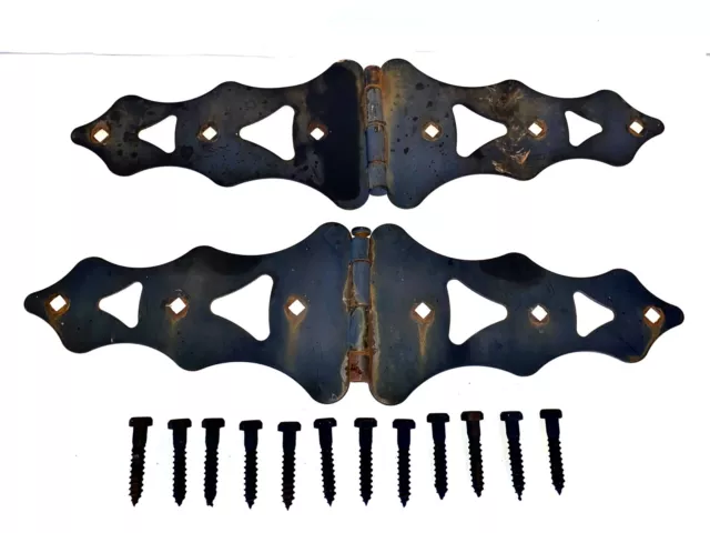 VINTAGE BARN GATE 10” STRAP DOOR HINGES ORNATE HEAVY DUTY Pair Black Lag Screws