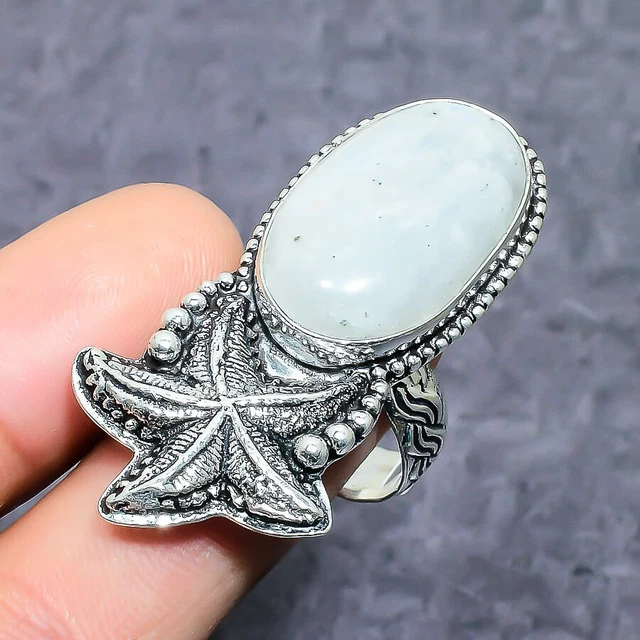 Rainbow Moonstone Gemstone 925 Sterling Silver Jewelry Ring Size 7.5 G758