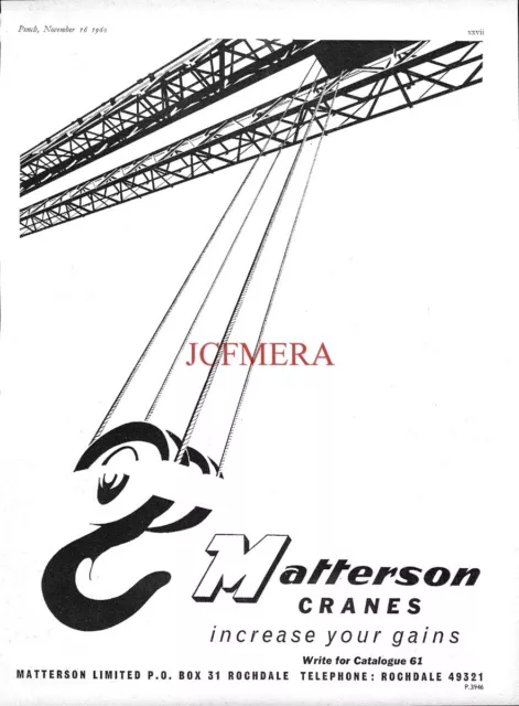 MATTERSON Industrial Cranes ADVERT Original Vintage 1960 Print Ad 692/69