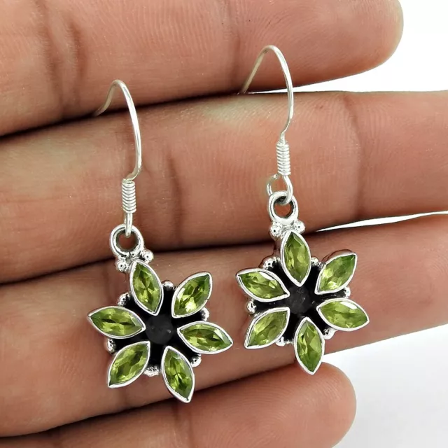 Natural Peridot Gemstone 925 Silver Drop/Dangle Flower Earrings For Women I8