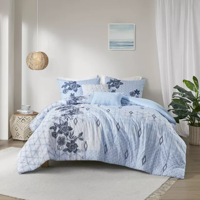 100% Cotton Farmhouse Blue Embroidered Floral  5 pc Cal King Queen Comforter Set