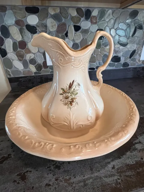 Antique Vtg Ironstone Wash Basin Bowl and Pitcher Cream Floral - From England