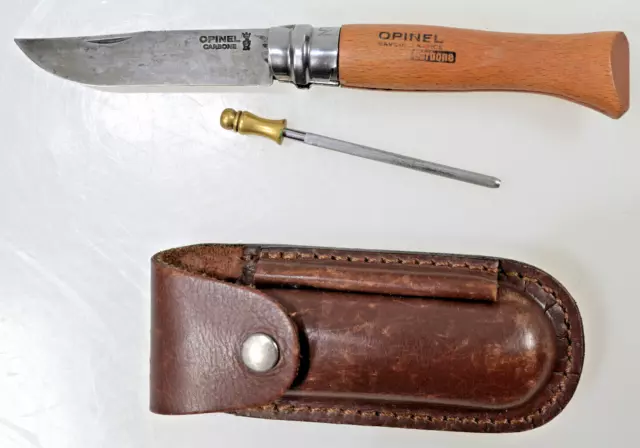 Opinel Taschenmesser No 9, Carbon, Lederetui, Schleifstab