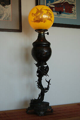 Antique Japanese Chinese Dragon Snake Bronze Art Nouveau Old Kerosene Oil Lamp