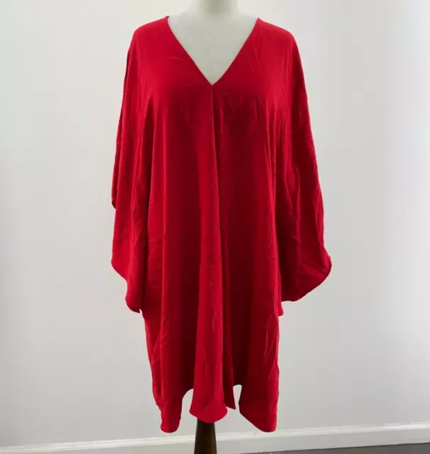 NWT Lauren Ralph Red V Neck Ruffle Sleeves Flowy Shift Midi Dress Womens Size L