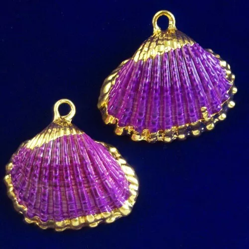 2Pcs Gold Edge Purple Scallop shell Pendant Bead 27x26x3mm F47745