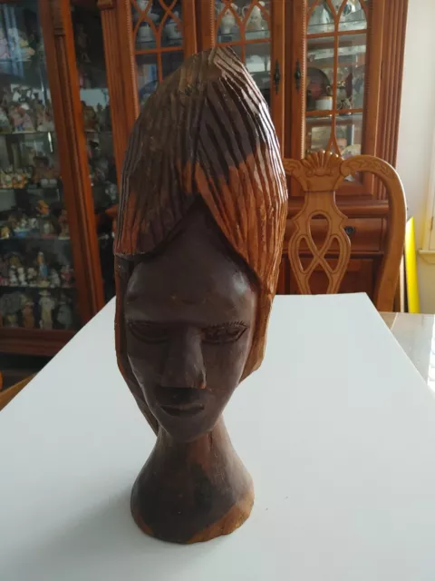 Vintage African hand carving Solid wood. Large woman head Statue. 15"/ 7 Pound.