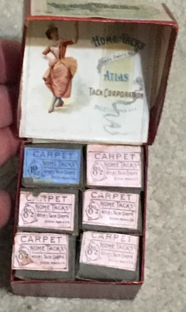 Vintage 6 Boxes of  ATLAS Carpet Tacks in Larger Cardboard Display Box, Full