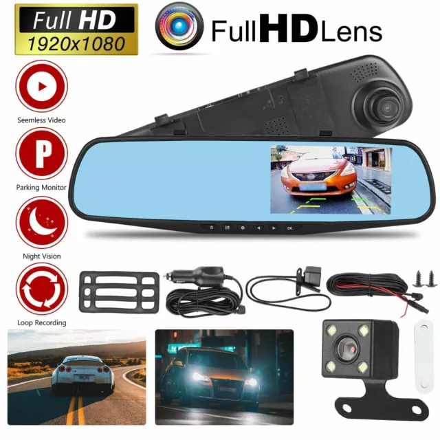 HD 1080P Car Dash Camera Recorder LCD Dual Lens DVR Front and Rear Mirror Cam