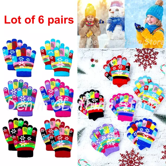 Lot of 6 Children Snowflake Warm Winter Full Gloves Knit Magic Boy Girl Kids