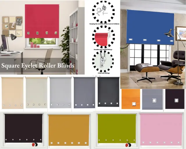 Square Eyelet Roller Blinds Easy Fit Trimmable Plain Fabric Window Roller Blind