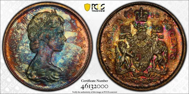 MS65 1966 50C Canada Silver Fifty Cents, PCGS Trueview- Pretty Rainbow Toned